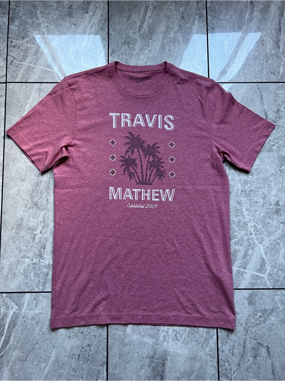 Travis Mathew Mens Palm Tree Graphic T-Shirt Heather Pink Short Sleeve Size M